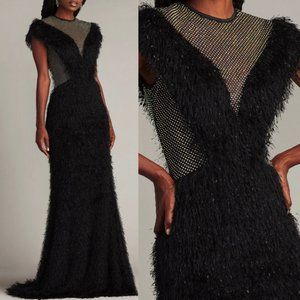 NWT Tadashi Shoji Prem Rhinestone Eyelash yarn Fringe Gown Dress Black XXS XS